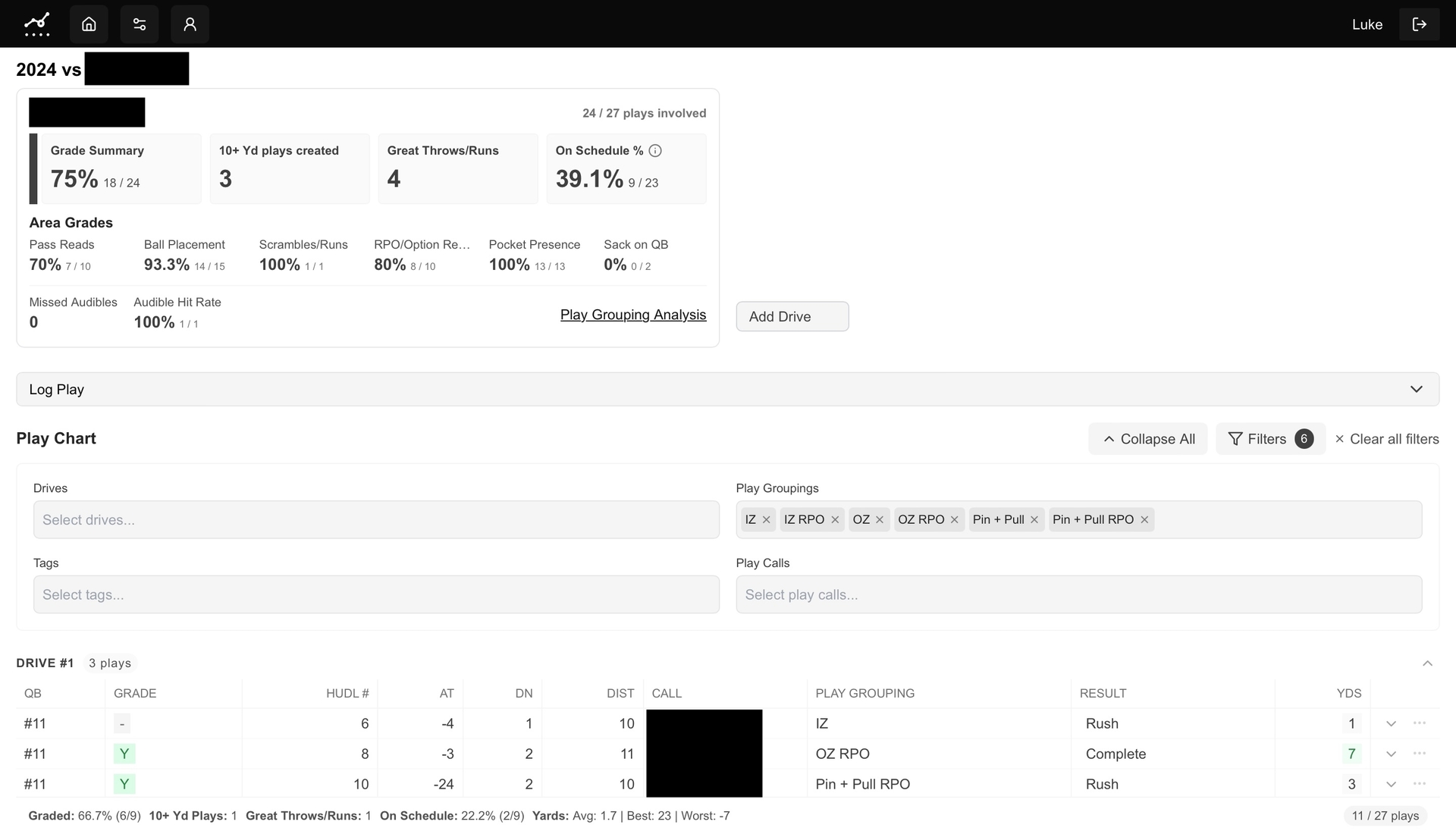 QB Logs Demo Image: Segement your playbook and grade your quarterbacks in depth. 